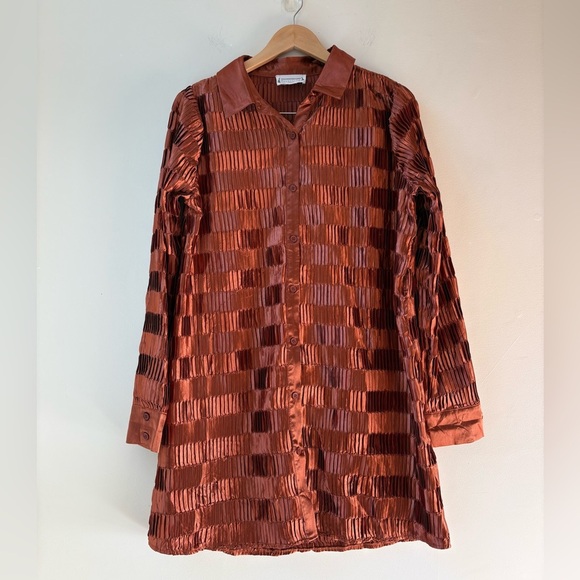 Rust Satin Pleated Shirt Dress (Missing Belt) - Picture 5 of 11